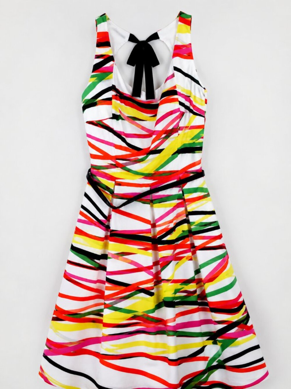 David Meister Multicolor Ribbon Print Fit Flare Dress Size 4 Bow Back Belted